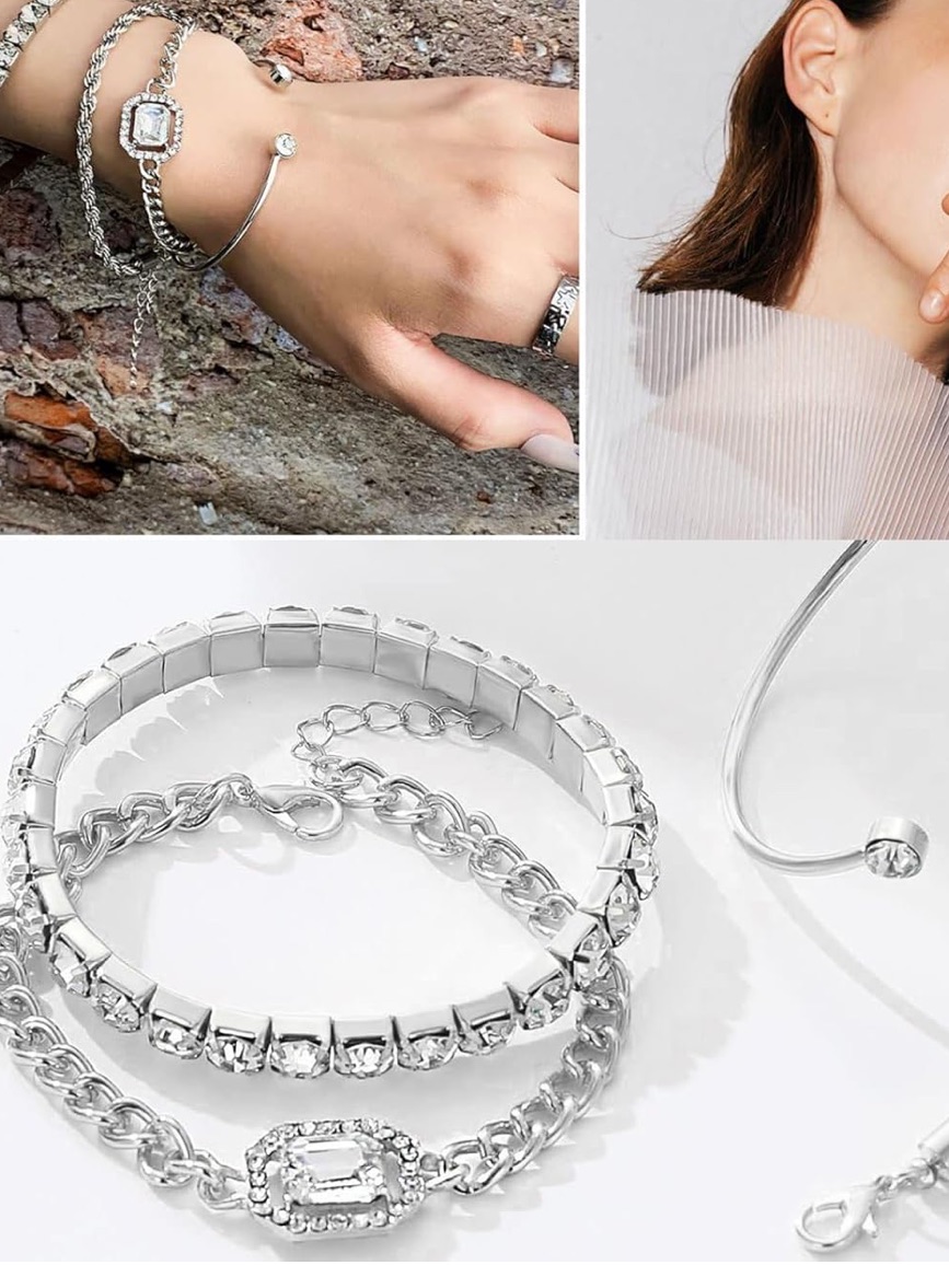 Anthropologie Silver Crystal Chain Bracelet Set